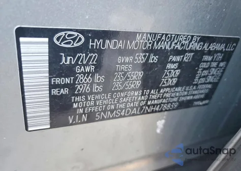 2022 Hyundai Santa Fe Limited from USA, damaged, VIN 5NMS4DAL7NH478839
